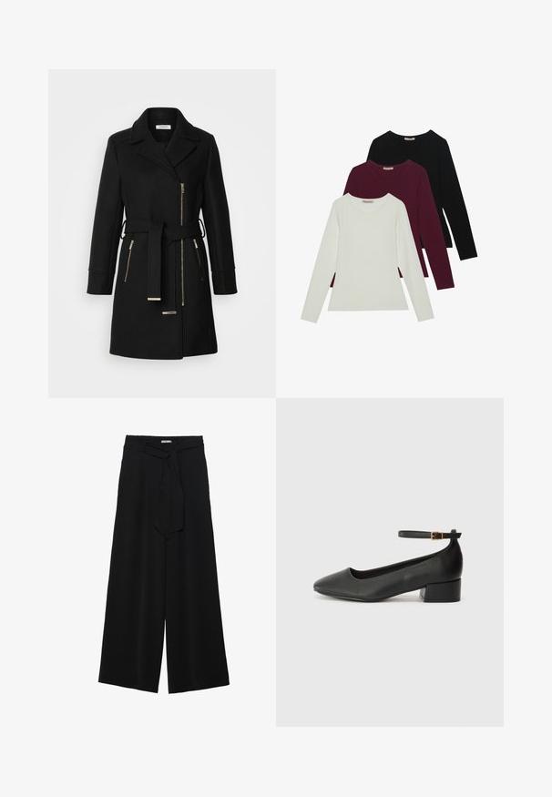 Schwarzer Wollmischungsmantel mit Reverskragen, verstellbarem Gürtel und seitlichen Reißverschlüssen. Texturiertes Gewebe mit Akzenten in Goldfarbe.; Langarm-T-Shirts in Weiß, Bordeaux und Schwarz. Hergestellt aus weichem Stoff mit Rundhalsausschnitt und figurgerechtem Design. Eignen sich gut zum Schichten.; Schwarze weite Hosen aus strukturiertem Stoff, mit elastischem Bund und einem abnehmbaren Bindegürtel in der Taille für eine verstellbare Passform.; Schwarze Lederpumps mit spitzem Zehenbereich und niedrigem Blockabsatz. Mit einem Knöchelriemen und einer goldfarbenen Schnalle. Glatte Textur.