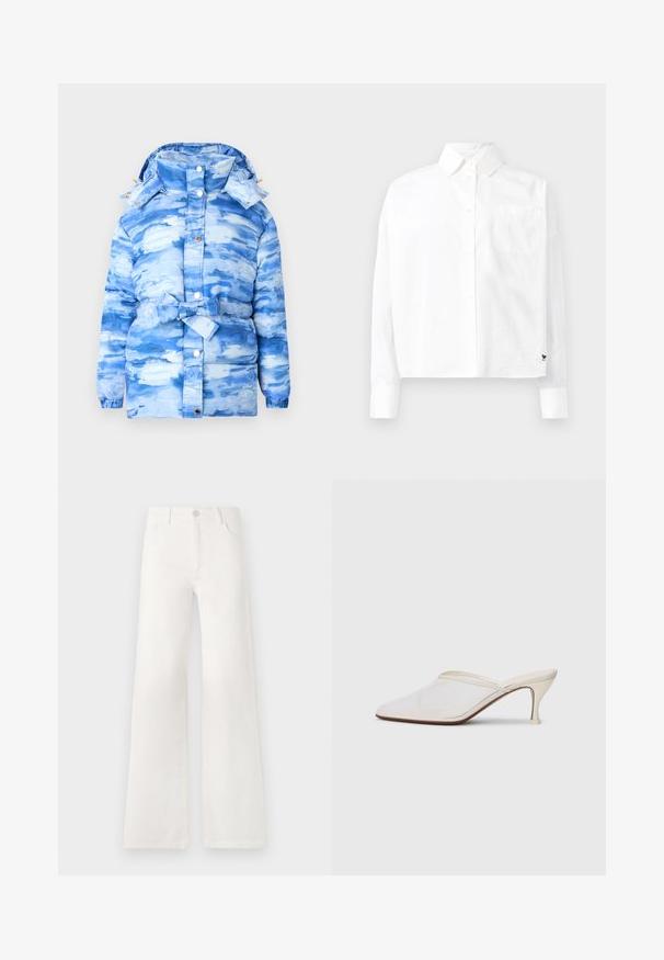 Blå pufferjacka med ett molnliknande färgmönster, huva och bälte i midjan. Tillverkad av ett glänsande, texturerat material med tryckknappar.; Vit långärmad skjorta med knappar och spetsig krage, en bröstficka och manschetter med knappar. Tillverkad av ett mjukt och lätt tyg.; Vita, högmidjade jeans med vida ben i denim. Har en knappstängning, två framfickor och sidsömmar med stickningsdetaljer.; Vit nät-mule med spetsig tå, smal klack i medelhöjd och slip-on design mot en enkel bakgrund.
