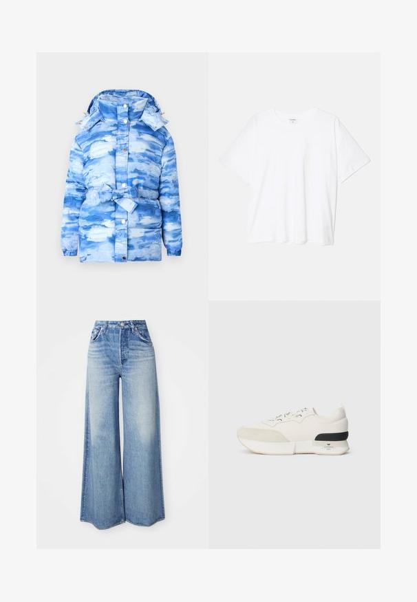 Niebieska kurtka puchowa z chmurowym wzorem malarskim, kapturem i paseczkiem w talii. Wykonana z błyszczącego, teksturowanego materiału z zatrzaskami.; Biała bawełniana koszulka z krótkim rękawem, okrągłym dekoltem, luźnym krojem i przeszytym brzegiem. Metka widoczna wewnątrz dekoltu.; Jeans o szerokich nogawkach wykonane z jasnoniebieskiego denimu, z wysokim stanem, pięcioma kieszeniami, zużytym wykończeniem i postrzępionym dołem.; Białe sneakersy z teksturowanym zamszowym noskiem, gładką siateczkową cholewką, dekoracyjnymi sznurowadłami oraz czarnym gumowym akcentem na pięcie.