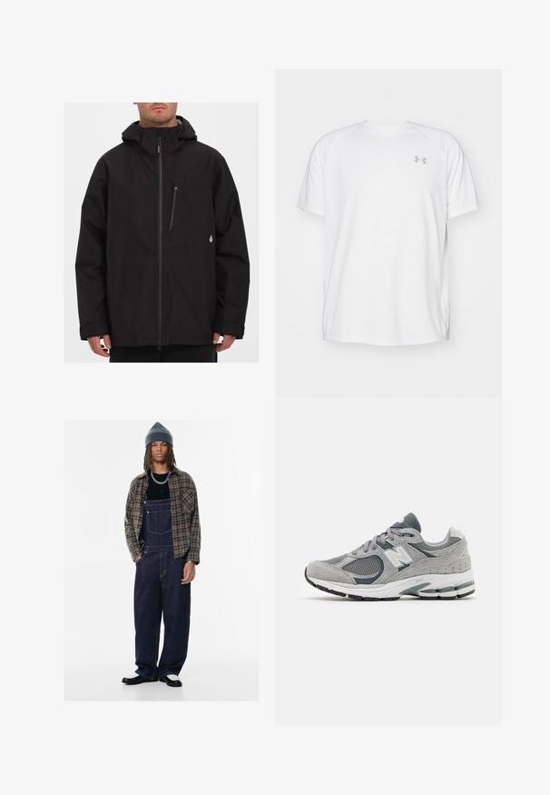 Veste noire imperméable avec une fermeture éclair intégrale, une capuche ajustable et une poche poitrine zippée. Présente un logo sur le côté gauche.; T-shirt de sport à manches courtes de couleur blanche, fabriqué en tissu lisse. Il présente un col rond et un logo gris sur la poitrine gauche, avec des fentes sur les côtés au niveau de l'ourlet.; Salopette en denim bleu foncé avec poches latérales, portée avec une chemise noire et une chemise à carreaux marron. Bonnet en tricot gris et chaussures contrastantes.; Baskets grises avec des matériaux en maille et en suède, dotées d'un logo blanc, d'un col rembourré et d'une semelle en caoutchouc texturée. Accents en gris plus foncé.