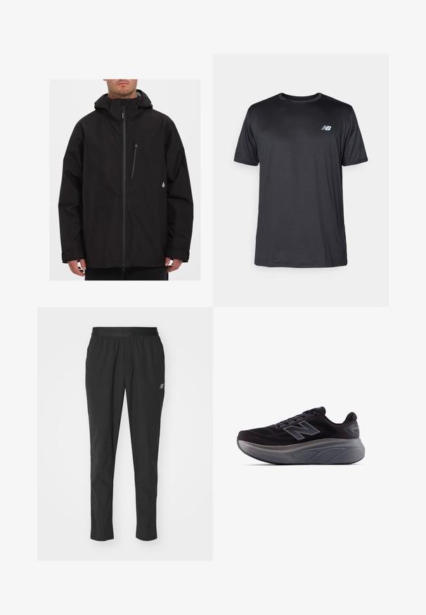 Giacca nera impermeabile con zip completa, cappuccio regolabile e tasca sul petto con zip. Presenta un logo sul lato sinistro.; New Balance T-Shirt sport - black; Pantaloni sportivi neri realizzati in materiale leggero, con una vita elastica, design affusolato e un discreto dettaglio del logo sul lato.; Scarpa sportiva nera con tomaia texture, tallone rinforzato e una suola grigia spessa. Caratterizzata da un logo "N" prominente.