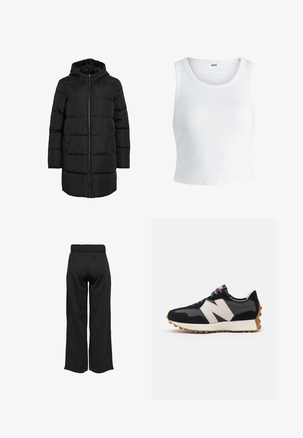 Mustast materjalist voodriga mantel, millel on kapuuts, esiküljel tõmblukk ja küljetaskud. Sile pind, horisontaalne tikandmuster.; Valge ribakujuline tank top, millel on ümmargune kaelus, varrukateta disain ja lühike pikkus. Silt ütleb "JJXX." Sile kangast tekstuur.; Mustad, laiad püksid elastse vöökohtaga, valmistatud siledast kangast. Omab lihtsat disaini, ilma taskute või nähtavate õmbluste detailideta.; Mustmust ja halli nubukist tennisajal on suur kreemjas "N" logo, lilla paelad ja tekstureeritud kummist välispohja.