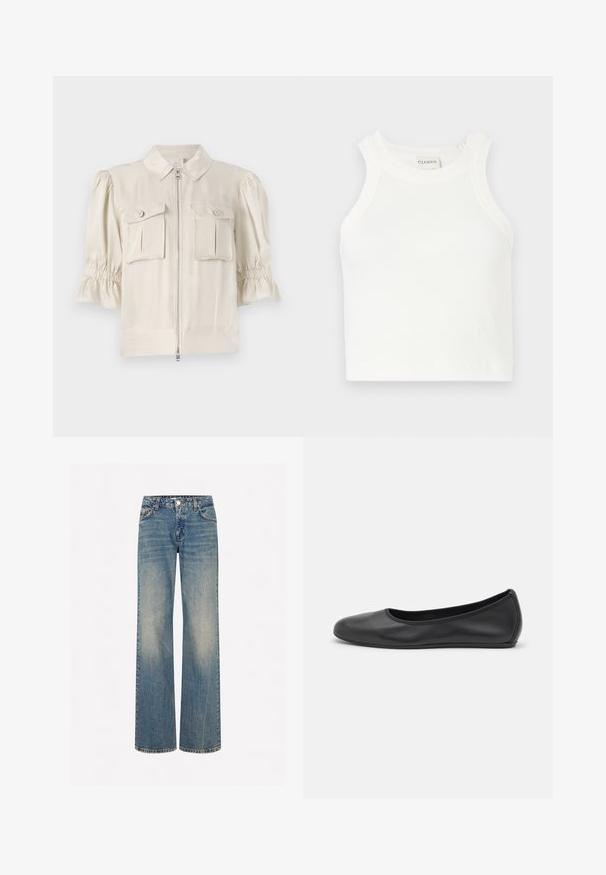 Krēmus krāsas īsām piedurknēm blouse ar apkakli, priekšējo rāvējslēdzēju, divām pogām kabatām un savelku detaļām pie piedurkņu galiem. Gluda auduma.; Baltas ribots t-krekls ar platām plecu siksnām un pieguļošu siluetu. Iekļauts neliels uzspiedušais logos tuvumā apakšmalai.; Gaiši zili džinsu bikšu ar platu kāju griezumu, izbalējušu tekstūru, piecām kabatām, pogu aizdari un kontrastējošām šuvēm.; Melna ādas baleta kurpe ar noapaļotu purngalu, gludu tekstūru, minimālu šuvju detalizāciju un elastīgu zoles dizainu.