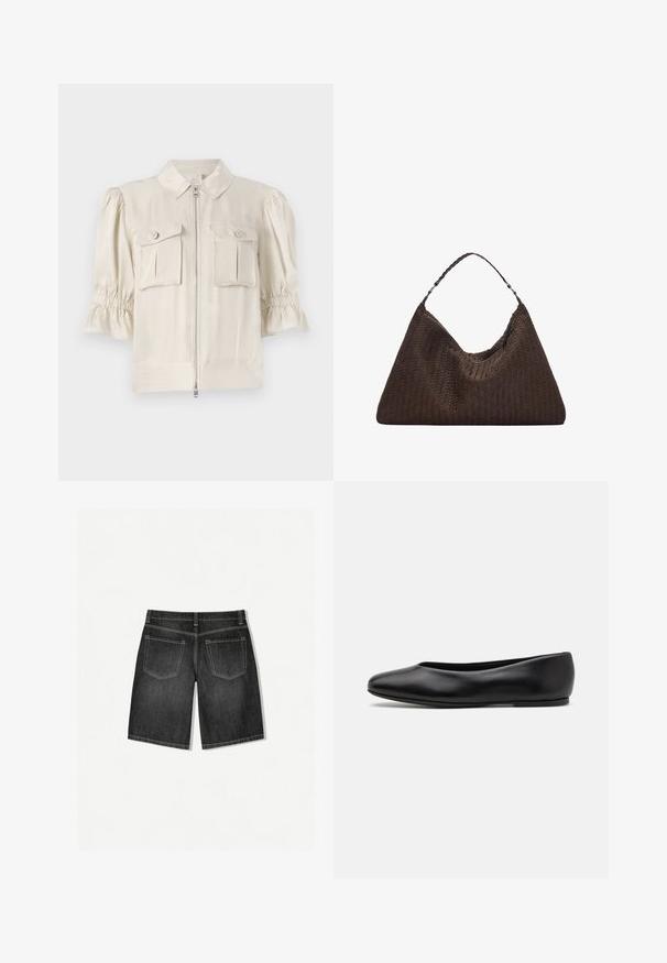 Krem-bluza kratkih rukava s ovratnikom, prednjim patent-zatvaračem, dva džepa s gumbima i detaljima nabrane tkanine na rubovima rukava. Glatka tkanina.; Bijela rebrasta majica bez rukava s širokim naramenicama i prilagođenim siluetom. Ima mali reljefni logo blizu rubnog dijela.; Tamno sivi traper šorts s ravnim krojem, s dva stražnja džepa i suptilnim kontrastnim šavovima. Tkanina ima glatku teksturu.; Paul Smith TOPANGA - Balerinke - black; Smeškan smeđi kožni torbica u obliku trokuta. Ima pletenu ručku i patentni zatvarač na vrhu.