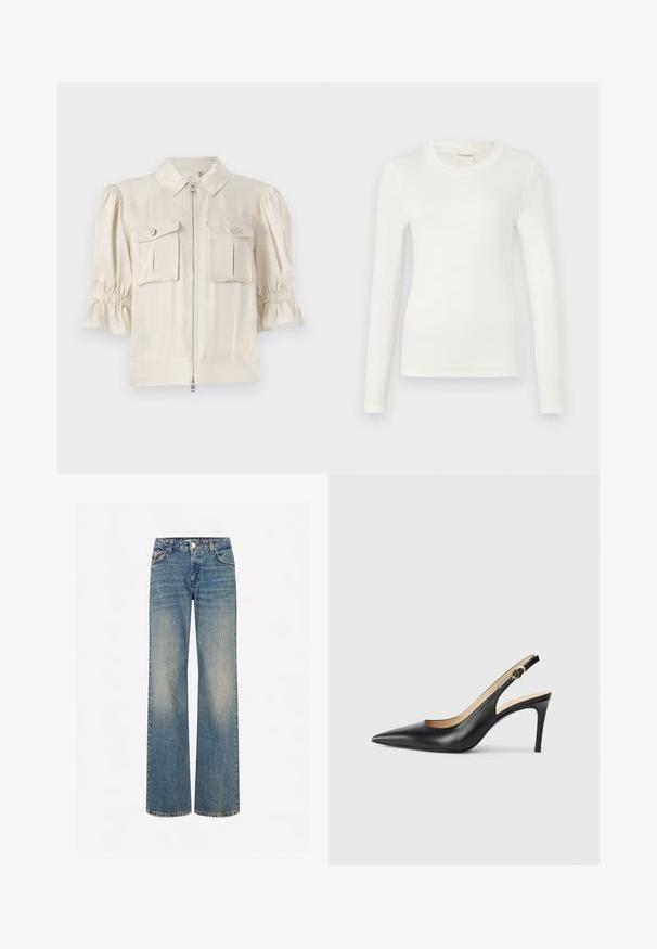 Cream-colored short-sleeve blouse with a collar, front zipper, two buttoned pockets, and gathered detail at sleeve edges. Smooth fabric.; Long-sleeve white t-shirt made from soft fabric, featuring a round neckline and a fitted silhouette. Minimalist design with no patterns or accents.; Light blue denim wide-leg jeans with a faded texture, five pockets, a button fly, and contrast stitching along the seams.; Black leather slingback high heels with a pointed toe, adjustable strap, and a sleek stiletto heel, featuring a smooth finish.