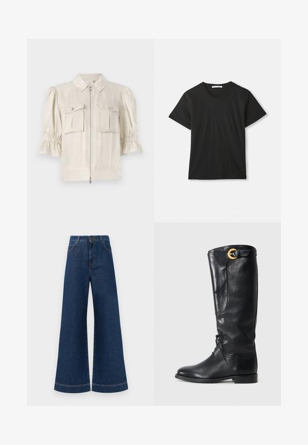 Cream-colored short-sleeve blouse with a collar, front zipper, two buttoned pockets, and gathered detail at sleeve edges. Smooth fabric.; Black short-sleeve crew neck cotton T-shirt laid flat on white background with visible brand label inside collar.; Wide-leg blue denim jeans with a high waist, featuring a button closure, belt loops, and subtle stitching details along the pockets and hems.; Black leather knee-high boot with a rounded toe, lace-up front, side detail, and a gold accent buckle at the top. Smooth texture.