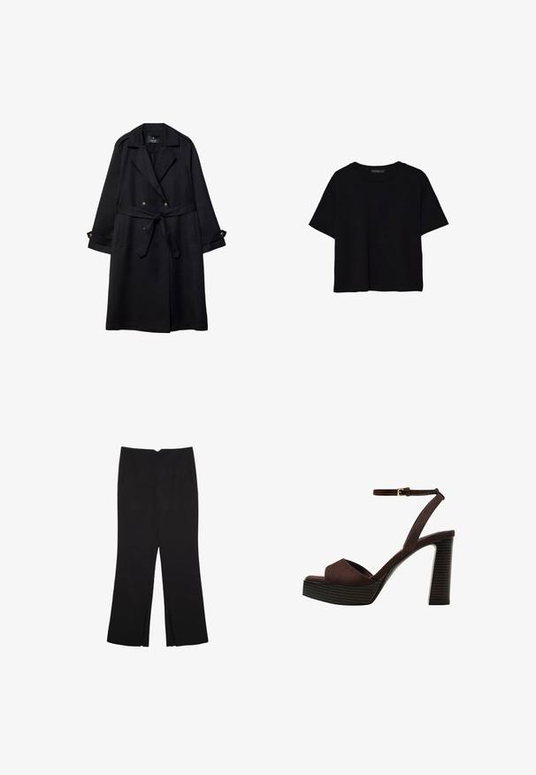 Črn plašč iz gladkega blaga, z dvorednim zapiranjem, pasom s pasom in gumbi na manšetah ter dvema sprednjima žepoma.; Črna kratka majica s kratkimi rokavi, kratka dolžina, okrogli izrez in preprost dizajn, položena na ravno belo podlago.; Črne hlače ravnega kroja z naglavnimi žepi in stranskimi razporki na robu. Narejene iz mehke, gladke tkanine. Primerne za različne priložnosti.; Rjave semiš sandale z visoko peto, odprto spredaj, z nastavljivim gležnjenjem in črtastim podplatom.
