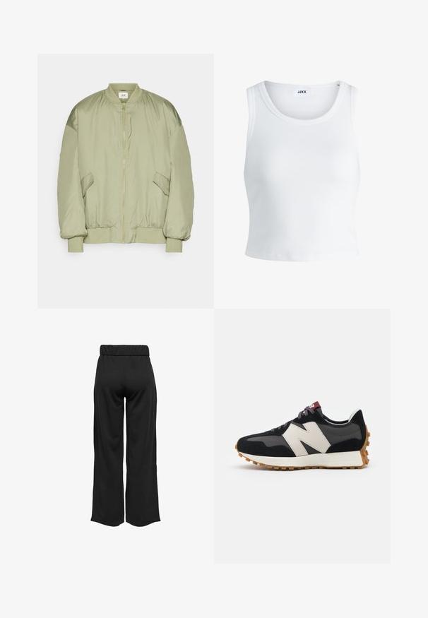 Casaco bomber verde-azeitona com um decote redondo, fecho de correr à frente, punhos e bainha canelados, e bolsos laterais; feito de um tecido leve e suave.; Top curto branco com nervuras, apresentando um decote redondo, design sem mangas e um comprimento cropped. Rótulo lê "JJXX." Textura de tecido suave.; Calças largas e pretas com uma cinta elástica, feitas de um tecido suave. Apresentam um design limpo, sem bolsos ou detalhes de costura visíveis.; Sneaker em camurça preta e cinza com um grande logótipo "N" creme, cordões roxos e uma sola de borracha texturizada em cor de goma.