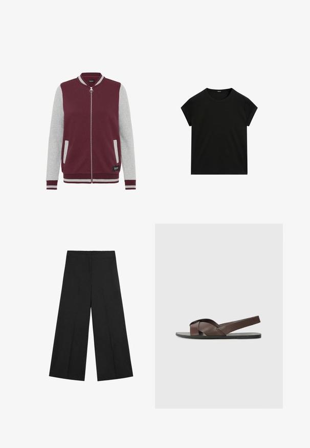 Veste zippée bordeaux avec manches grises, col et poignets côtelés. Comprend des poches latérales et une étiquette logo à l'avant en bas. Texture de tissu douce.; T-shirt noir à manches courtes, col rond, avec un ourlet droit, présenté à plat sur un fond blanc.; Pantalon noir à jambes larges avec une taille élastique. Confectionné en tissu léger, avec une texture lisse et un design épuré et minimaliste.; Sandale en cuir marron avec un design à sangle croisée, semelle noire plate et sangle arrière ajustable. Texture lisse et détails matériels minimaux.