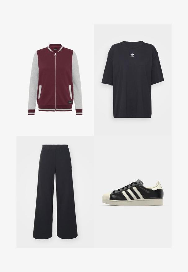 Chaqueta burdeos con cremallera, mangas grises, cuello y puños acanalados. Cuenta con bolsillos laterales y una etiqueta con logo en la parte frontal inferior. Tejido de textura suave.; Camiseta de algodón negra con mangas cortas, cuello redondo, presenta un logo blanco de Adidas en el pecho. Diseño simple, ajuste relajado.; Pantalones de chándal negros de pierna ancha, hechos de una tela suave, con una cintura elástica y un pequeño logo en el lado izquierdo.; Zapatilla de cuero negro con rayas blancas, puntera de goma, cordones negros y suela color crema. Textura suave con acabado brillante.