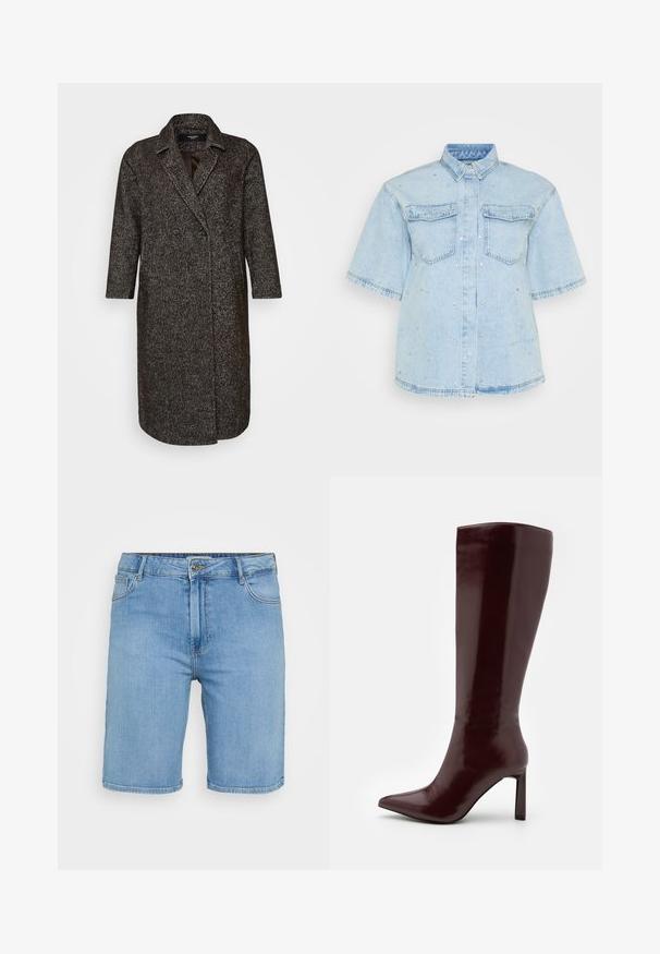 Dobbeltbrystet kåpe i mørk grå sildeskrue-mønster, lange ermer, notched krage og sidelommer. Jevn tekstur, knelengde design.; Lys blå denimskjorte med korte ermer, som har to frontlommer og er dekorert med små sølvnitter over hele.; Lys blå denimshortser med klassisk snitt, med knappelukking foran, beltehemper og to sidelommer. Glatt tekstur og rett kant.; Even&Odd Støvler - dark red