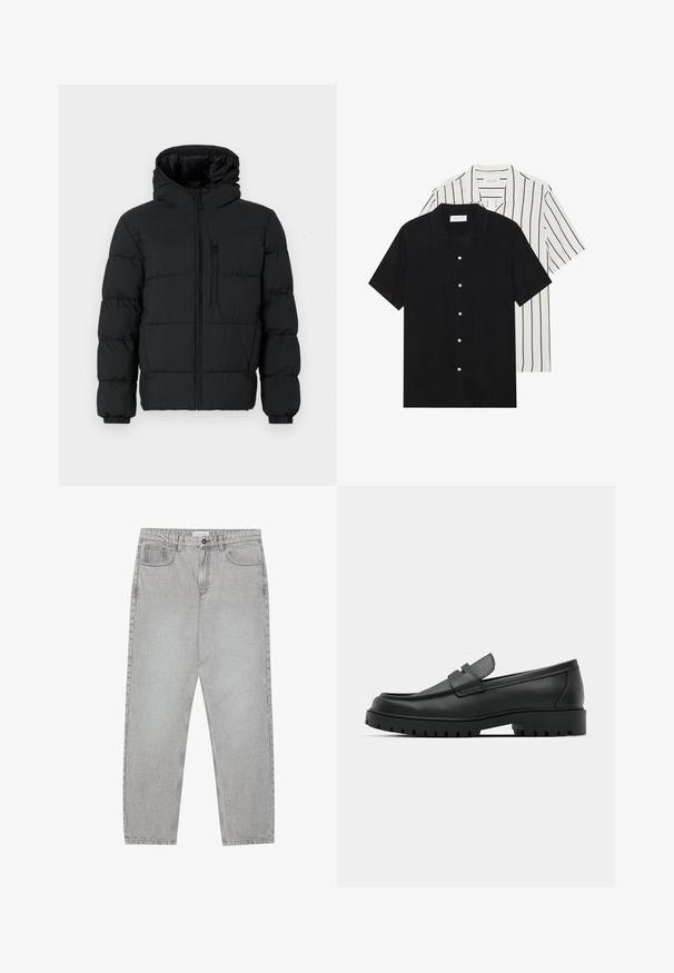 Čierna páperová bunda s kapucňou, predným zipsom, zipsovou náprsné kapsou a elastickými manžetami na bielom pozadí.; Dvoje tričiek s krátkym rukávom: jedno s čistou čiernou farbou, druhé biele s čiernymi vertikálnymi pruhmi. Obidve majú gombíkové zapínanie a klasický golier.; Svetlošedé denimové nohavice s rovným strihom, piatimi vreckami a zapínaním na gombík. Viditeľné švy pozdĺž švov.; Čierne kožené mokasíny s okrúhlou špičkou, s prešitým dizajnom, nízkou platformou a textúrovanou, zúbkovanou gumovou podrážkou.