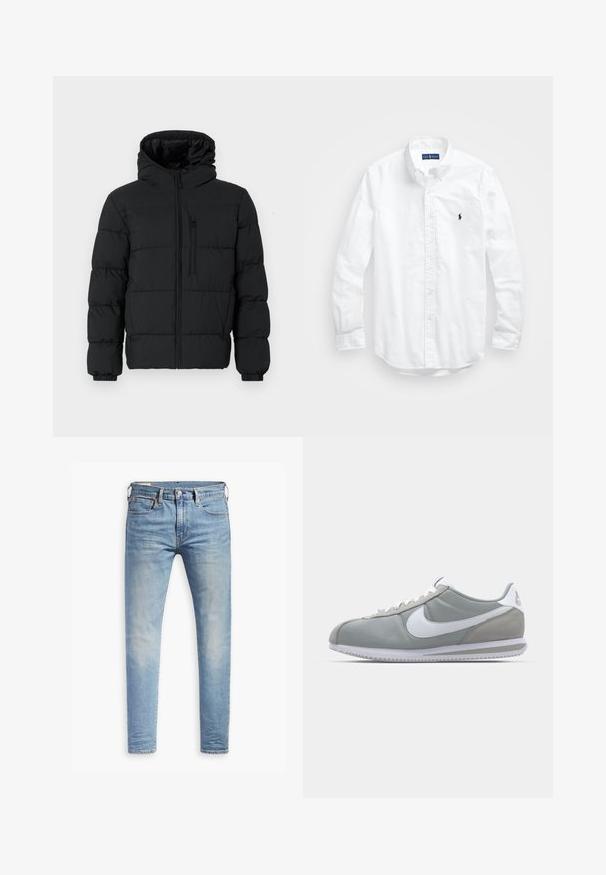 Casaco puffer preto com capuz, fecho frontal, bolso com zíper no peito e punhos elásticos sobre um fundo branco.; Camisa de botões de manga longa branca em algodão. Apresenta um colarinho clássico, punhos com botão e um pequeno logótipo bordado em azul-marinho no peito.; Jeans slim fit em azul claro com leve desbotamento nas coxas, fecho frontal por botão, passantes para cinto e estilo de cinco bolsos sobre um fundo branco.; Sapatilha atlética cinza com um cabedal em camurça e têxtil, símbolo Nike branco e atacadores brancos. Apresenta uma sola de borracha texturizada e colarinho acolchoado.