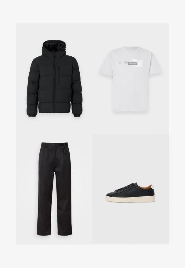 Juodas pūkinis džemperis su gaubtu, priekinis užtrauktukas, krūtinės užtrauktuko kišenė ir elastingos rankovės ant baltos fono.; Balta medvilnės marškinėliai su grafiniu spaudiniu su užrašu "NORTHERN AESTHETICS" ir "EST. 2007" pilka spalva. Klasikinis apvalus kaklas, trumpomis rankovėmis.; Juodi kelniukai, pagaminti iš lygaus audinio, su užsegimu priekyje, raukšlėmis ir tiesiomis kojomis. Nėra matomų raštų ar akcentų.; Juodos odinės sportbačiai su lygiu paviršiumi, smėlio spalvos guminis padas, raišteliais užsegama konstrukcija ir kontrastingas kulno akcentas.