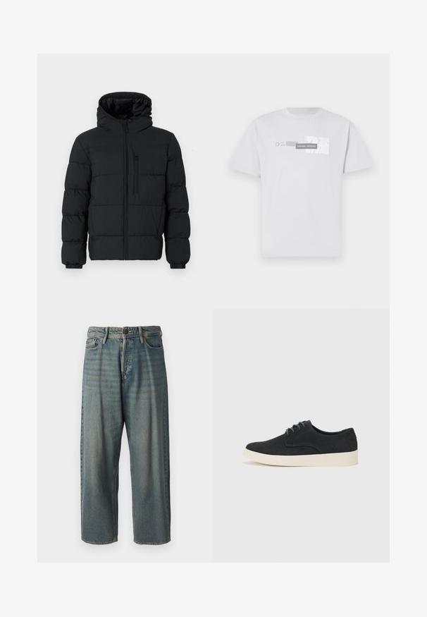 Casaco puffer preto com capuz, fecho frontal, bolso com zíper no peito e punhos elásticos sobre um fundo branco.; T-shirt de algodão branco com uma estampa gráfica com "NORTHERN AESTHETICS" e "EST. 2007" em cinza. Gola redonda clássica, mangas curtas.; Jeans de ganga azul claro com um corte solto, cintura média e pernas retas. Apresenta cinco bolsos, passadores de cinto e fecho com botão.; Sapatilha preta em camurça com atacadores, bico arredondado, sola leve creme e discretos detalhes em azul nas laterais.