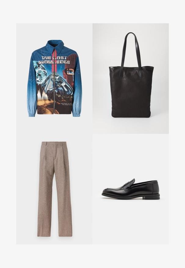 Jachetă albastră, cu fermoar, cu un design grafic cu temă cosmică, cu planete și munți. Mansete elastice, text îndrăzneț și elemente de design vibrante.; Cămașă albastru deschis cu mâneci lungi, guler ascuțit, nasturi negri și o decupare unică în față pentru un design distinctiv.; Pantaloni bej, cu talie înaltă, dintr-un material texturat. Prezintă picioare late și două pliseuri frontale pentru structură. Finisaj îngrijit, fără accesorii vizibile.; Mocasini din piele neagră cu o textură netedă, vârf rotund și o curea decorativă peste partea superioară. Toc mic, design minimalist.; Geantă de umăr din pânză neagră cu mânere din piele neagră. Design simplu, corp spațios și textură netedă. Fără logo-uri sau modele vizibile.