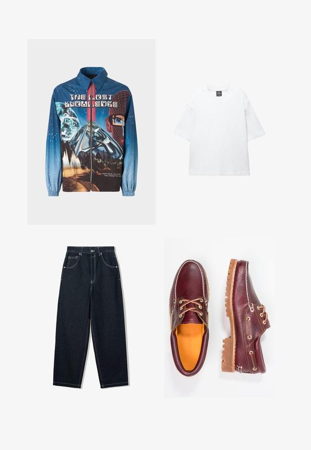 Sininen, graafinen vetoketjullinen takki, jossa on kosminen teema planeettoineen ja vuorineen. Joustavat hihansuut, rohkeaa tekstiä ja eloisia suunnitteluelementtejä.; Valkoinen lyhythihainen T-paita, joka on valmistettu puuvillasta. Paita on pyöreäkauluksinen, väljästi leikattu ja suorahelmainen. Ei kuvioita eikä koristeita.; Laineet lahkeet, tummista denimiä, joissa on kontrastivalkoiset tikkaukset, viisi taskua ja nappisuljenta. Ominaisuutena korkea vyötärö.; Burgundin nahkakengät ruskeilla kumipohjilla, pyöreällä kärjellä, valkoisella ompelulla ja kultaisilla nauha-aukkoilla. Sisäpuolella on keltainen vuori.