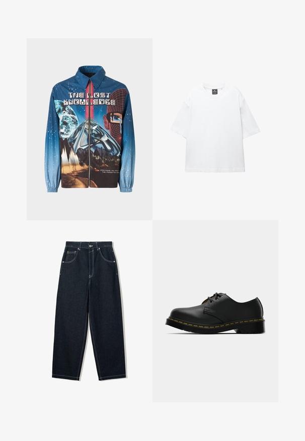Blaues, grafisches Zip-up-Jackett mit einem kosmischen Thema, das Planeten und Berge zeigt. Elastische Bündchen, fetter Text und lebendige Designelemente.; Weißes T-Shirt mit kurzen Ärmeln aus Baumwolle, das über einen Rundhalsausschnitt und einen lockeren Schnitt mit geradem Saum verfügt. Keine Muster oder Verzierungen.; Weit geschnittene, dunkle Denim-Jeans mit kontrastierendem weißen Nähten, fünf Taschen und einem Knopfverschluss. Mit einem hochgeschnittenen Design.; Schwarze Lederschuhe mit runder Zehenform, Schnürdesign, gelben Nähten entlang der Sohle und einer stabilen schwarzen Gummisohle für besseren Halt.