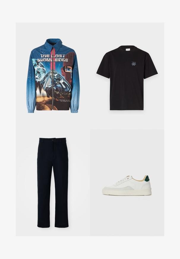 Blauwe, grafische zip-up jas met een kosmisch thema van planeten en bergen. Elastische manchetten, gedurfde tekst en levendige ontwerp elementen.; Zwarte katoenen T-shirt met een ronde hals en korte mouwen. Heeft een klein blauw logo op de linkerkant van de borst. Eenvoudig, recht gesneden ontwerp.; Marineblauwe broeken van katoen, met een recht model, een sluiting met een knoop aan de voorkant en een klassieke tailleband met riemlussen.; Witte sneaker met suède accenten, ronde neus, platte veters en een crème rubberen zool. Bevat groene branding op de hiel.