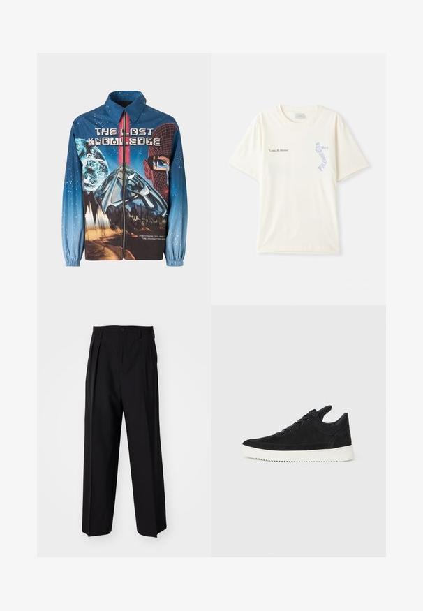 Blue, graphic zip-up jacket featuring a cosmic theme with planets and mountains. Elastic cuffs, bold text, and vibrant design elements.; White cotton t-shirt with short sleeves, featuring “United By Rhythm” text in black and blue graphic on the chest. Round neck design.; Black pleated trousers with a straight, wide-leg design. Made from smooth fabric, featuring a button closure and belt loops.; Black suede sneaker with a white rubber sole, featuring tonal stitching and lace-up design. Smooth texture with a modern, streamlined shape.