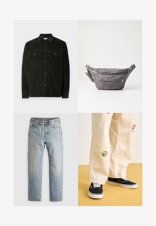 Camisa de botones de pana verde oscuro con dos bolsillos en el pecho y mangas largas, expuesta plana sobre un fondo blanco.; Sudadera de color verde oscuro hecha de un tejido suave, con un bolsillo canguro, cordones y un logo de texto blanco en la parte izquierda del pecho.; Jeans de mezclilla azul claro de cintura alta, con botón frontal, cremallera y diseño de cinco bolsillos, dispuestos sobre un fondo neutro.; Pantalones de algodón beige con divertidos diseños bordados que incluyen un personaje rosa y un bloque de color, combinados con zapatillas negras de cordones.; Riñonera de ante gris con forma redondeada, dos compartimentos con cremallera y correa ajustable. Presenta acentos de metal.