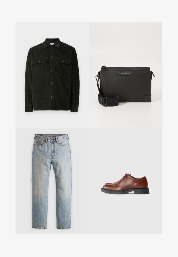 Temnozelena kordna srajca na gumbe z dvema žepoma na prsih in dolgimi rokavi, razstavljena na beli podlagi.; Burgundska srajca z dolgimi rokavi iz bombaža, z ovratnikom na gumb, sprednjim gumbom in majhnim logotipom na prsih.; Svetlo modri džins hlače z visokim pasom, sprednjim gumbom, zadrgo in petimi žepi, laid flat na nevtralni podlagi.; Rjave usnjene oblečne čevlje z zaobljenim nosom, kontrastnim šivanjem, vezalnim dizajnom in teksturiranim črnim gumijastim podplatom.; Črna usnjena torba čez ramo z teksturirano površino, z zadrgo in prilagodljivim trakom. Znak na sprednji strani. Pravokotna oblika.