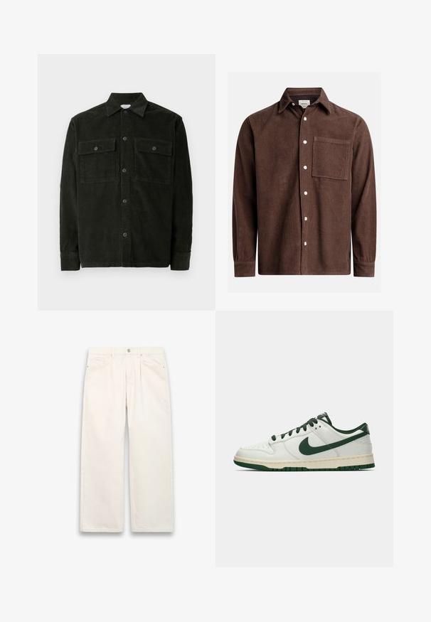 Chemise boutonnée en velours côtelé vert foncé avec deux poches poitrine et des manches longues, présentée à plat sur un fond blanc.; Chemise en velours côtelé marron avec un col boutonné, poche avant, boutons blancs et manches longues avec des poignets boutonnés. Détail de tissu texturé.; Jean large blanc en denim, dotés d'une fermeture à bouton, de cinq poches et de détails de couture subtils. Design épuré et minimaliste.; Baskets basses blanches avec un swoosh Nike vert foncé, des lacets et des accents de semelle, présentées en profil sur un fond blanc uni.