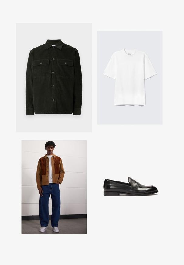 Dunkelgrühe Kordhemd mit Knopfleiste, zwei Brusttaschen und langen Ärmeln, flach auf einem weißen Hintergrund ausgelegt.; Ein schlichter, weißer, kurzärmeliger T-Shirt im lässigen Schnitt liegt flach auf einem hellgrauen Hintergrund.; Mann steht drinnen und trägt eine braune Cordjacke mit Rostflecken, ein weißes T-Shirt, lockere blaue Jeans und weiße Sneakers.; Schwarze Lederloafer mit niedrigem Absatz, ausgestattet mit einer genähten Mokassinschnauze und einem Designs der Vorderseite. Glatte Textur mit polierter Oberfläche.