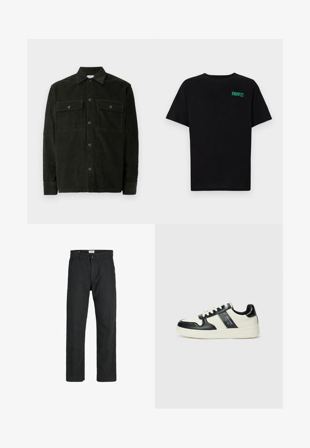 Tamsiai žalias kordūro komplektas marškiniai su dviem krūtinės kišenėmis ir ilgomis rankovėmis, išdėstyti ant balto fono.; Juodas medvilninis marškinėliai trumpomis rankovėmis. Priekyje yra žalias „ROOTS“ logotipas, apvalus iškirpimas ir standartinė prigludimo forma.; Juodi kelniai, pagaminti iš tvirto audinio, su tiesiomis kojomis, siuvinėtomis detalėmis ir dviem priekinėmis kišenėmis funkcionalumui.; Odiniai sportbačiai juodos ir kreminės spalvų schemoje, su perforuotais akcentais, paminkštinta apykakle ir tekstūruotu padu.