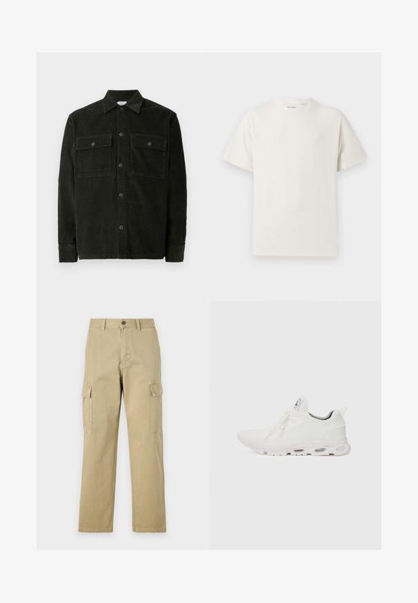 Dunkelgrühe Kordhemd mit Knopfleiste, zwei Brusttaschen und langen Ärmeln, flach auf einem weißen Hintergrund ausgelegt.; Weißes T-Shirt mit kurzen Ärmeln in gerippter Textur. Runder Ausschnitt, lockere Passform, keine sichtbaren Muster oder Akzente. Einfaches und vielseitiges Design.; Beige Cargo-Hosen aus Baumwolle, mit zwei Seitentaschen, einem Knopfverschluss und geraden Beinen aus einem leicht strukturierten Stoff.; Weiße Sportschuhe mit einem strukturierten Strickobermaterial, flachen Schnürsenkeln und einer gepolsterten Sohle mit sichtbaren Luftkammern für zusätzlichen Halt.
