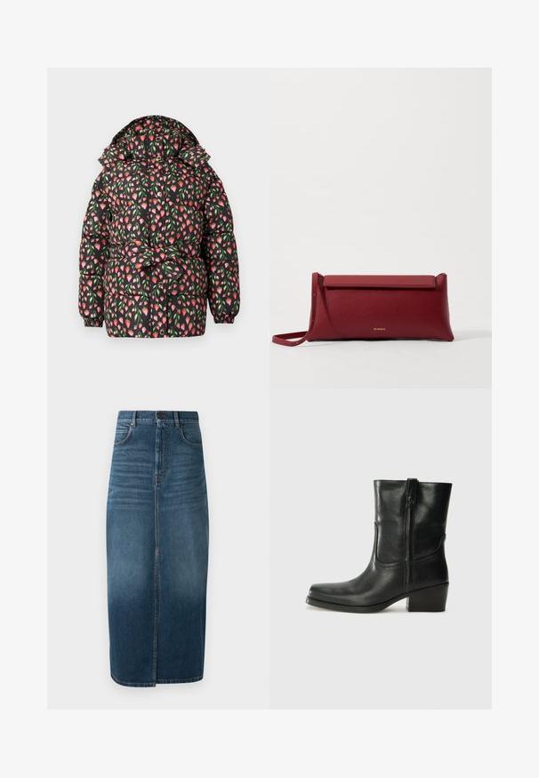 Svart puffjacka med ett blommönster som har rosa och gröna tulpaner, huva och elastiska manschetter. Stängd med knappar fram.; Vit blus med kort ärm som har blå blomsterbroderier, rund halsringning och intrikata mönster längs framsidan och ärmarna.; Jeans midi kjol i mörk indigo, med en frontslits och lätt blekning. Klassisk femficksdesign med metallknappstängning.; Svart läderankelboot med rund tå, blockklack, sidodragkedja och sömmar på ovandelen. Slät textur, klassisk design.; Röd läderclutch med texturerad yta, med en platt vik överst och ett kort band. Diskret varumärkeslogotyp på framsidan.