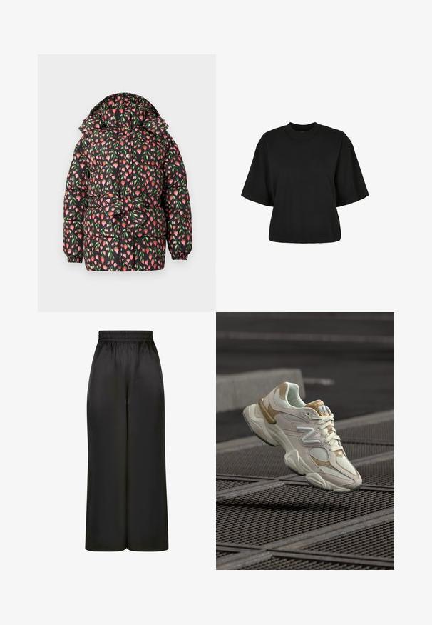 Svart puffjacka med ett blommönster som har rosa och gröna tulpaner, huva och elastiska manschetter. Stängd med knappar fram.; Svart cropped t-shirt i bomull. Har korta ärmar och rund halsringning. Slät yta med en enkel design, utan ytterligare mönster.; Svarta vida byxor i slät, glänsande tyg med resårmidja och utan synliga fickor eller hårdvarudetaljer.; Vit och beige sneaker med mesh- och mockamaterial, framträdande "N"-logotyp, vadderad krage och texturerad gummisul, upphängd ovanför en rutnätsyta.