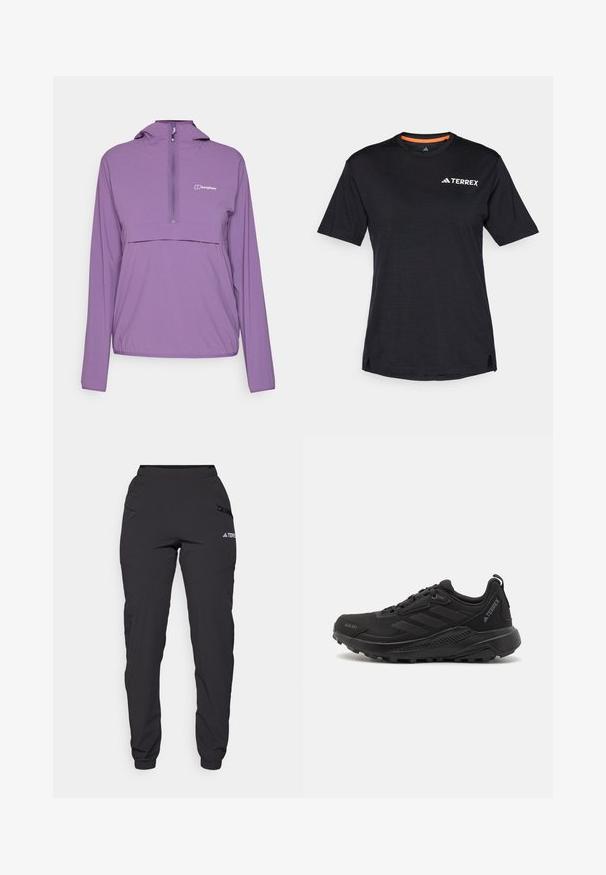 Chaqueta liviana de color púrpura con medio cierre, mangas largas, capucha ajustable y un bolsillo frontal; fabricada con un material duradero y resistente a la intemperie.; Camiseta negra de manga corta con cuello redondo, que presenta una sutil textura jaspeada y el logo blanco "TERREX" en la parte superior izquierda.; Pantalones impermeables negros con cintura elástica, bolsillos laterales con cremallera, piernas ajustadas y puños ribeteados en los tobillos. Presentan acentos del logotipo.; Zapatillas deportivas negras con un empeine sintético texturizado, cierre de cordones, suela de goma gruesa y acentos de logo discretos en el lateral y el talón.