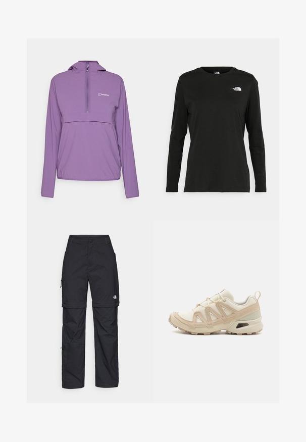 Giacca leggera viola con mezza zip, maniche lunghe, cappuccio regolabile e tasca frontale; realizzata in tessuto resistente e impermeabile.; T-shirt nera a maniche lunghe in cotone con colletto rotondo. Presenta un piccolo logo bianco sul lato sinistro del petto. Design semplice e vestibilità comoda.; Pantaloni cargo in nylon nero con zip rimovibile, polsini regolabili, molteplici tasche e un logo sulla gamba destra. Tessuto liscio e leggero.; Scarpa atletica beige e crema con tomaia in mesh testurizzato, sovrapposizioni supportive e suola in gomma con un motivo a tasselli per la trazione.