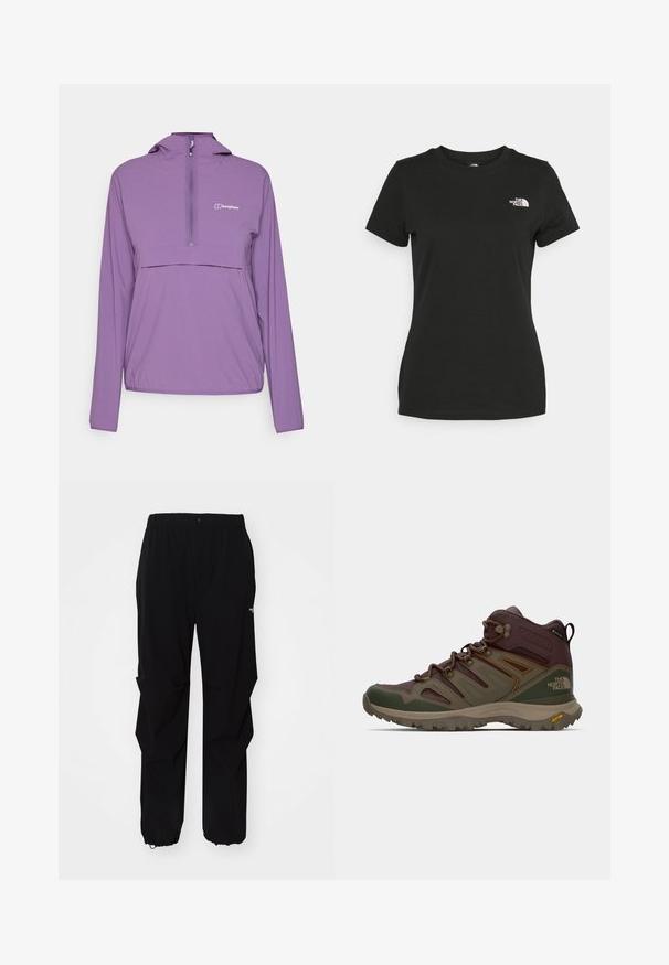 Lett, lilla genserjakke med halvmolo, lange ermer, justerbar hette og lomme foran; laget av slitesterkt, værbestandig stoff.; Svart bomull t-skjorte med rund hals og korte ermer. Fremtredende hvit logo øverst til venstre. Glatt tekstur, avslappet passform.; Sorte utendørsbukser laget av slitesterkt materiale, med en avslappet passform, elastisk midjebånd og stramme mansjetter for justerbar lengde.; Brune og grønne turstøvler med mesh-paneler, gummisål og støttende funksjoner. Inkluderer teksturert overflate og fremtredende snøringssystem.