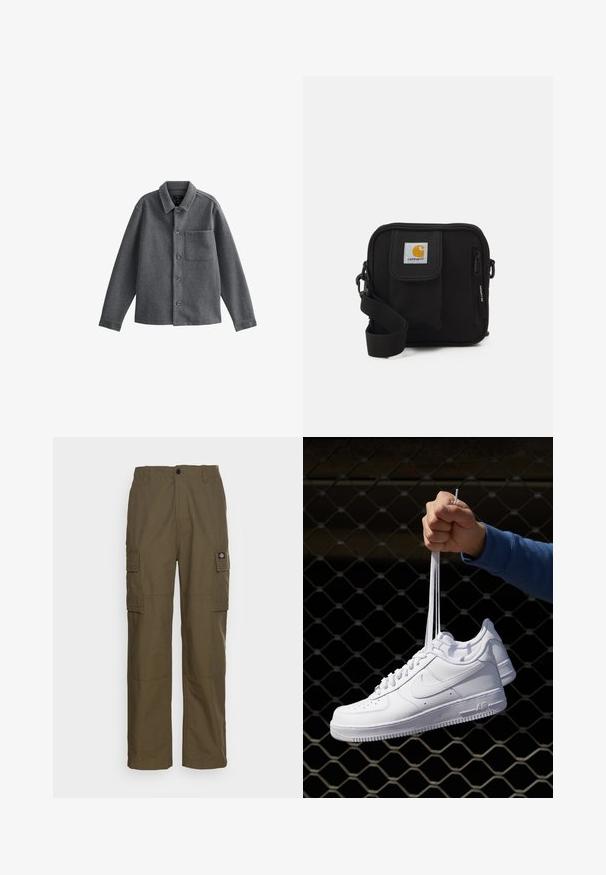 Grijze wollen jas met een kraag, lange mouwen, knoopsluiting en een borstzak. Heeft een gestructureerde pasvorm en een minimale textuur.; Witte korte mouwen t-shirt van katoen, met een ronde hals en een zachte textuur, met een rechte snit en zonder patronen.; Olijfgroene cargobroek, gemaakt van duurzaam stof. Beschikt over twee zijzakken, een standaard taille en een rechte pijp.; Witte leren sneakers met perforaties, ronde neus, vlakke zool en dikke veters, met een zichtbare swoosh-logo en "AIR" op de hiel.; Zwarte schoudertas met een rits hoofdcompartiment, voork pocket, verstelbare strap en een zichtbaar logo op de klep.