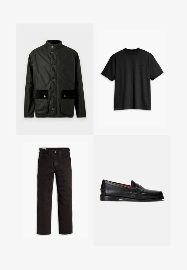 Donkergroene gewaxt jas met hoge kraag, drukknopen en twee opgestikte zakken met zwarte ribfluwelen accenten. Gladde textuur, casual ontwerp.; Zwarte katoenen t-shirt met een ronde hals en korte mouwen. Heeft een subtiel logo aan de voorkant en een rechte zoom. Eenvoudig en minimalistisch ontwerp.; Zwarte recht gesneden denim jeans met vijf zakken, knoopsluiting en riemlussen, plat gelegd op een witte achtergrond.; Zwarte leren loafers met een gladde afwerking, een afgeronde neus en een decoratief bandje over de wreef. Voorzien van een lage zwarte zool.