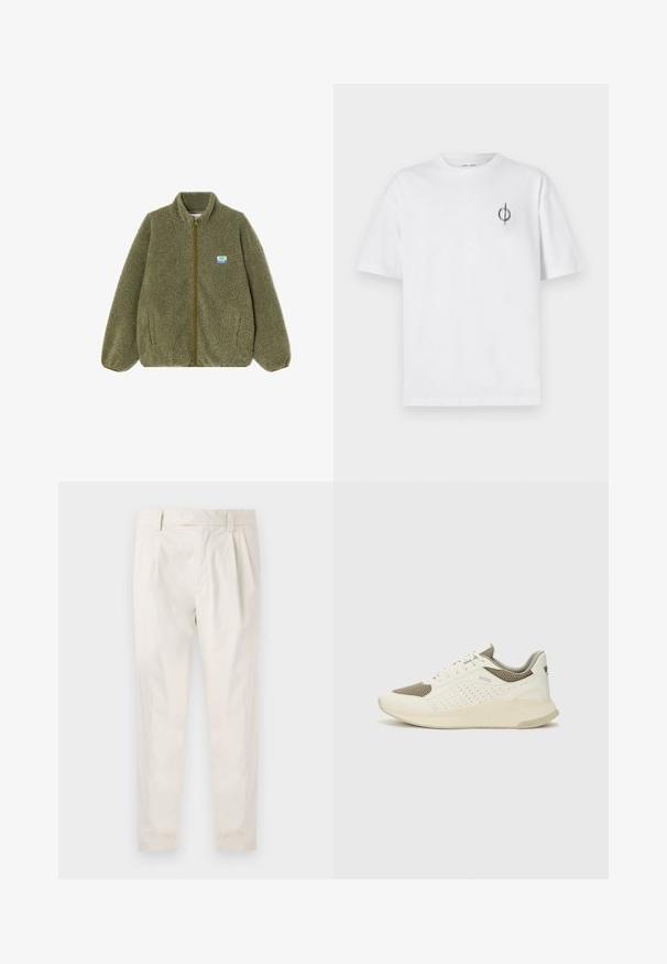 Olive krāsas flīsa jaka ar rāvējslēdzēja priekšpusi, stāvošu apkakli un elastīgām piedurknēm. Uz krūtīm ir neliela zila un dzeltena logo uzšuvums.; Bāla kokvilnas t-kreklu ar brīvu piegulšanu, kuram uz kreisā krūšu apvidus ir neliels melns grafiskais logotips. Īsas piedurknes, apaļas kakla izgriezums.; Baltas, pleitēts bikses ar piegriezumu, kas pielāgots figūrai, ar gludu tekstūru, jostas cilpām un sašaurinātiem galiem. Nav redzamu kabatu vai rakstu.; Baltas un gaiši bež sporta apavi, ar sieta augšdaļu, perforētiem detaļām un teksturētu vidusdaļu ar zīmolu uz papēža.