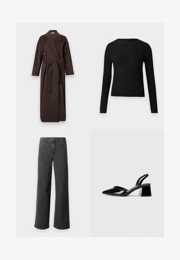 Brun indpakningsfrakke lavet af tekstureret stof, med klapkrave, lange ærmer og et matchende bælte bundet om taljen.; Sort ribbet langærmet tætsiddende sweater med rund halsudskæring, præsenteret på en ensfarvet lys baggrund.; Bredde ben jeans i mørkegrå denim med en subtil zebra-mønster tekstur, kontrastsyninger og fem lomme design med en knap zip.; Sorte patentlæder slingback hæle med spids tå og en geometrisk blok hæl. Har et elegant, minimalistisk design og en glat tekstur.