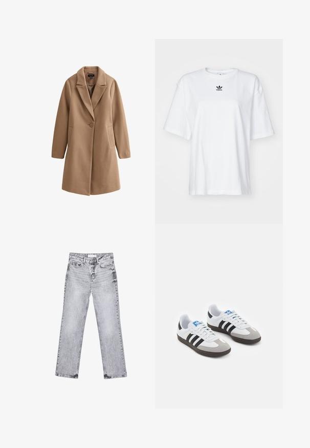 Manteau couleur camel, fabriqué en tissu doux, avec un col à revers, une fermeture à un bouton et des poches latérales. Coupe droite avec des manches longues.; T-shirt blanc à manches courtes en coton. Avec un col rond et un petit logo Adidas noir sur la poitrine. Ourlet droit.; Jean en denim gris avec une coupe droite, des détails déchirés, cinq poches et des rivets en cuivre. La ceinture présente une étiquette de logo.; Baskets avec une tige en cuir blanc, un bout en daim gris et trois bandes noires. Présente un logo bleu sur la languette et une semelle en caoutchouc texturée.