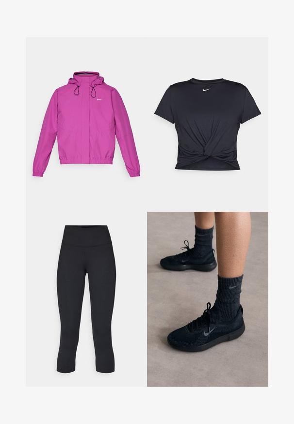 Nike Performance SWIFT - Vindjacka - hot fuchsia/black/reflective silver; Svart atletisk t-shirt i mjukt tyg, med en knuten framdesign och en liten vit Nike-logga på bröstet.; Svarta korta leggings i stretchigt material, med hög midja och slät yta, utan synliga mönster eller detaljer.; Svarta Nike-sneakers med övre i strukturerad stickning, med en grå swoosh-logotyp, parat med mörka ribbade strumpor. Platt gummisula.