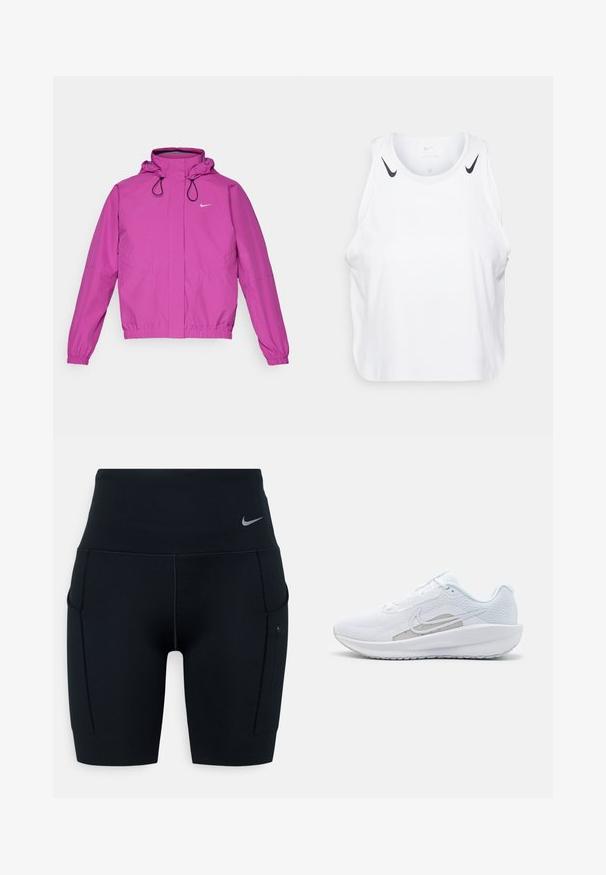 Nike Performance STORM-FIT SWIFT - Chaqueta de running - hot fuchsia/black/reflective silver; Top sin mangas blanco de tela ligera, con detalles del logo negro de Nike en los hombros, escote redondo y ajuste holgado.; Shorts deportivos negros de talle alto hechos de material elástico; cuentan con bolsillos laterales y un pequeño logotipo de Nike en la cinturilla.; Zapatilla deportiva blanca con parte superior de malla, punta redondeada y suela texturizada. Presenta un swoosh de Nike plateado y un diseño minimalista.
