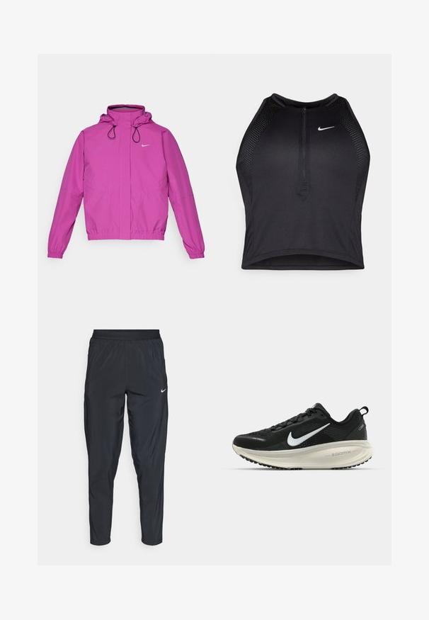 Nike Performance SWIFT - Jachetă de vânt - hot fuchsia/black/reflective silver; Top sportiv black, cu croială scurtă, cu fermoar în față, accente din plasă și un design ajustat. Fabricat dintr-un material elastic și respirabil. Logo-ul Nike pe față.; Pantaloni sportivi negri cu talie elastică, picioare înguste și un mic logo alb pe coapsa stângă. Țesătură ușoară și netedă.; Pantofii de alergare negri de la Nike, cu parte superioară din plasă respirabilă, logo-ul alb Swoosh, detalii texturate și o talpă intermediară ZoomX de culoare crem.
