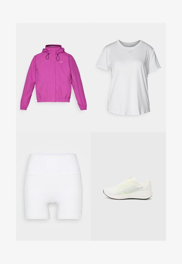 Nike Performance SWIFT - Windbreaker - hot fuchsia/black/reflective silver; White short-sleeve T-shirt made of smooth fabric, featuring a round neckline and a small grey Nike logo on the chest.; White high-waisted shorts made from stretch fabric. Features a smooth texture and fitted design, with no additional patterns or hardware.; Nike Performance DOWNSHIFTER 13 - Road running shoes - sail/silver-coloured photon dust/summit white/barely volt/black