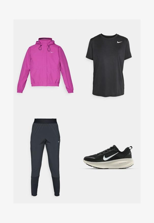 Nike Performance STORM-FIT SWIFT - Bežecká bunda - hot fuchsia/black/reflective silver; Čierne krátkopestré športové tričko s hladkým, ľahkým materiálom, ktoré má malé biele logo Nike na hornej ľavej strane.; Športové nohavice Nike v tmavo sivej farbe, s členeným strihom na nohaviciach, elastickým pásom a akcentovanými detailmi pri manžetách.; Čierne bežecké topánky Nike s priedušnou sieťovinou, bielym logom s symbolom swoosh, textúrovanými detailmi a krémovou ZoomX medzipodrážkou.