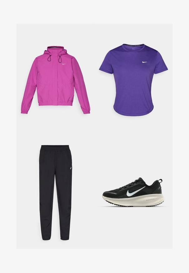 Nike Performance STORM-FIT SWIFT - Runningjack - hot fuchsia/black/reflective silver; Paarse sportieve t-shirt gemaakt van vochtafvoerende stof, met korte mouwen en een ronde hals. Klein wit logo op de borst.; Zwarte sportbroek met een elastische tailleband, taps toelopende pijpen met boorden, gemaakt van een lichtgewicht, soepele stof, en een klein logo op de dij.; Zwarte Nike hardloopschoen met ademend mesh bovenwerk, witte swoosh-logo, gestructureerde details en een crèmekleurige ZoomX middenzool.