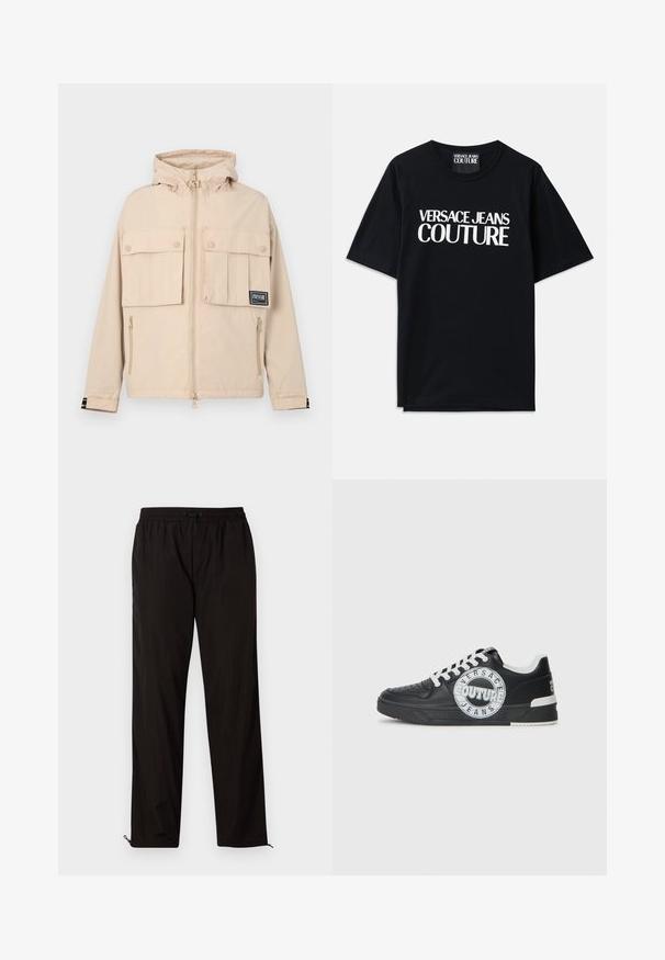 Bežinis gobtuvinis švarkas su dviem priekinėmis sklendėmis kišenėmis ir šonine užtrauktuko kišene, su juodu logotipu ir sklandžiu, vandeniui atspariu audiniu.; Juoda medvilninė marškinėliai su trumpomis rankovėmis, ant priekinės dalies su dideliais baltais užrašais "VERSACE JEANS COUTURE". Klasikinio apvalaus kaklo dizainas.; Juodos lengvos kelnės su elastingu juosmeniu, raišteliu ir užtrauktukais apačioje, kad būtų galima pritaikyti dydį. Lygus, glotnus paviršius.; Juodo odinio sportinio avalynė su baltais akcentais, apvaliu logotipo detalizavimu, perforuota priekiu ir kontrastingu padu. Savybės: balti raišteliai ir prekės ženklas.