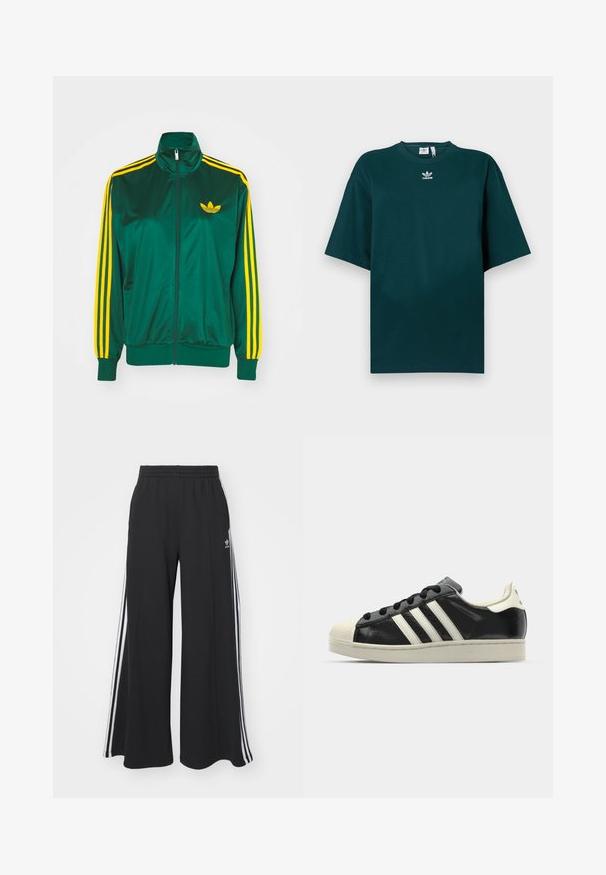 Zaļš satīna sporta jakas, ar rāvējslēdzēja priekšpusi, augsto apkakli, dzeltenu trīs svītru dizainu uz piedurknēm un mazu dzeltenu logotipu uz krūtīm.; Tumši zaļa pārmēra kokvilnas T-krekls ar īsām piedurknēm un apaļu kakla izgriezumu, uz krūtīm redzama balta Adidas logo.; Melnas plašas sporta bikses ar elastīgu jostasvietu, kurām ir baltas sānu svītras un izšūts logo kreisajā augšstilbā.; Melna ādas sporta apava ar baltām svītrām, gumijas purngala aizsardzību, melnām auklām un krēma krāsas zoli. Gluda tekstūra ar spīdīgu apdari.