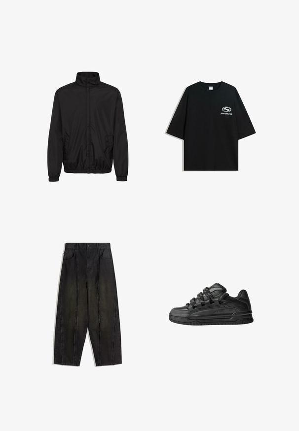 Crna lagana jakna s visokim ovratnikom, elastičnim manžetama i bočnim džepovima. Glatka tkanina i minimalistički dizajn s opuštenim krojem.; Crna oversized pamukasta majica s okruglim izrezom i kratkim rukavima, s bijelim logotipom "Shibuya" otisnutim na prednjoj strani.; Crne široke traper hlače s vidljivim šavovima i raspaderačim rubovima, s dva prednja džepa i visokim strukom.; Crne tenisice s glatkom kožnom gornjom površinom, teksturiranim detaljima i okruglim crnim i bijelim vezicama. Debeli gumeni potplat s uzorkom.