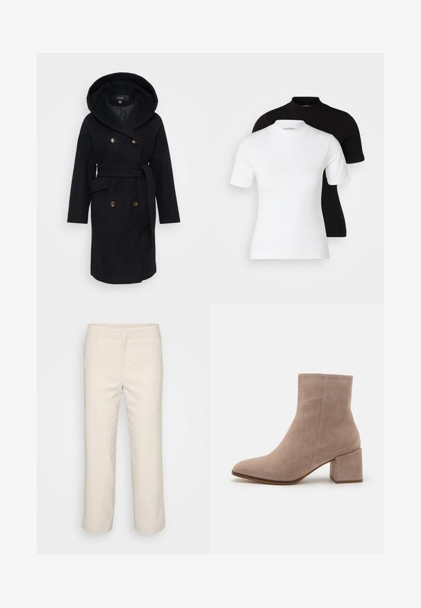 Schwarzer Wollmantel mit einer großen Kapuze, doppelreihiger Front, goldenen Knöpfen und einem selbstgebundenen Gürtel. Verfügt über seitliche Taschen und einen klassischen Schnitt.; Even&Odd Petite 2 PACK - T-Shirt basic - white/black; Beige, maßgeschneiderte Hose mit geradem Bein, flacher Front und zwei seitlichen Taschen. Hergestellt aus einem glatten Stoff mit sauberem Finish.; Beige Wildleder-Stiefelette mit spitzer Zehe und chunky quadratischem Absatz. Die Oberfläche ist glatt mit einer sanften Textur und minimaler Verzierung.